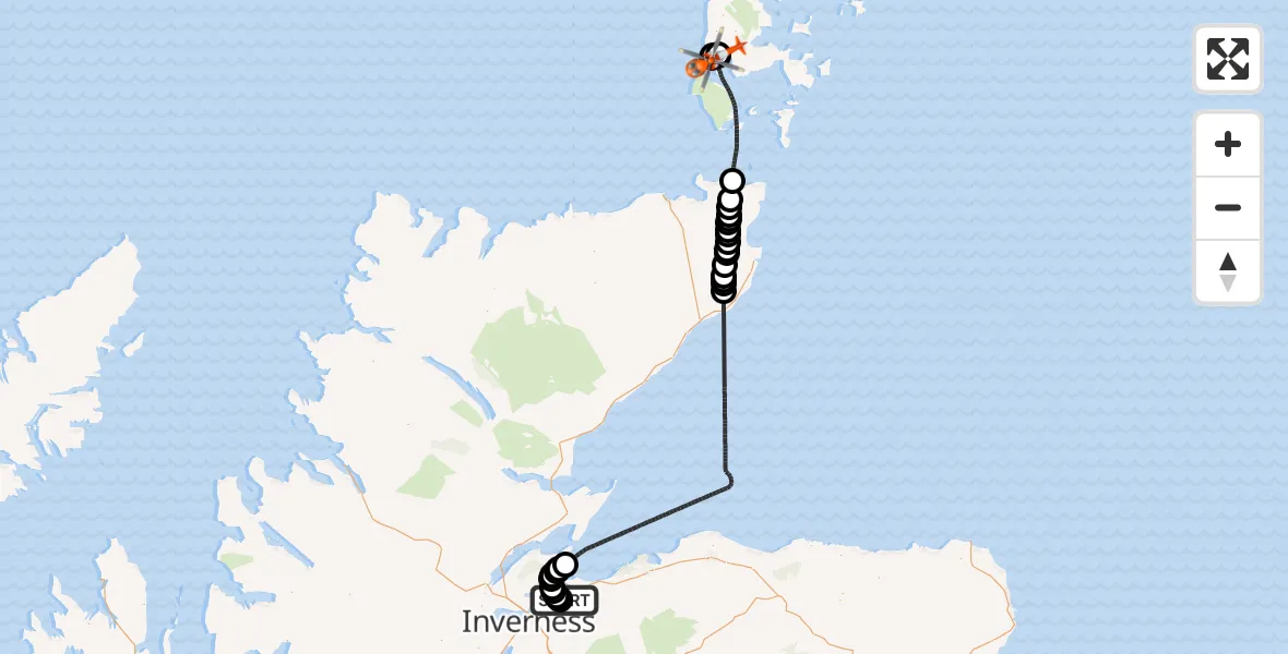 Flight route Coastguard Helicopter Inverness Airport - North Atlantic Ocean, 23 July 2026, 13:12