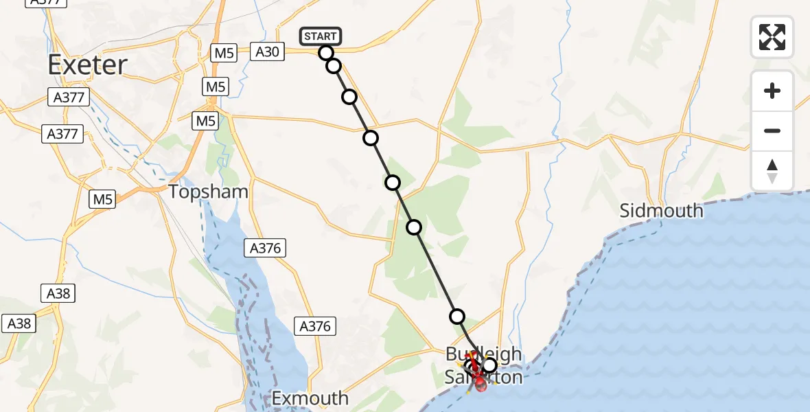 Flight route Air Ambulance Helicopter Exeter International Airport - Budleigh Salterton, 23 July 2026, 13:15