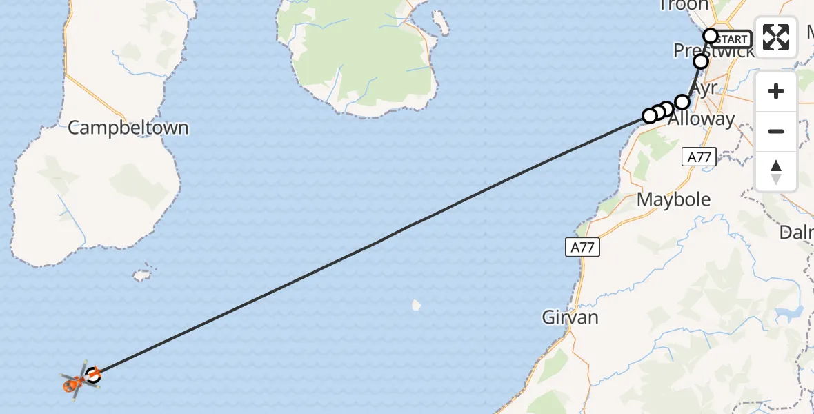 Flight route Coastguard Helicopter Glasgow Prestwick Airport - Irish Sea, 23 July 2026, 13:15