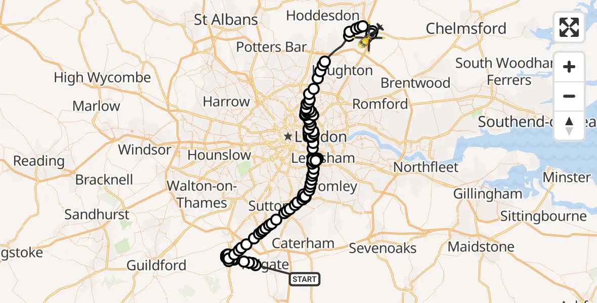 Flight route Police Helicopter Blindley Heath - North Weald Airfield, 23 July 2026, 13:18
