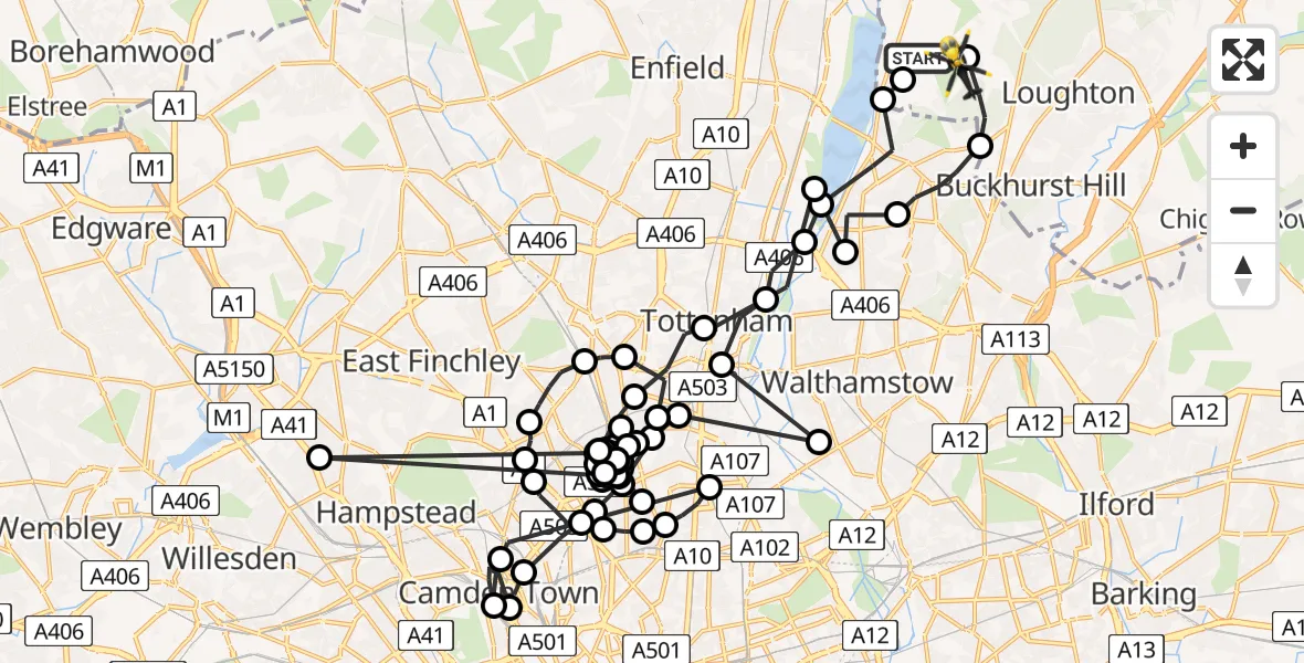 Flight route Police Helicopter Sewardstonebury - Sewardstonebury, 23 July 2026, 13:29