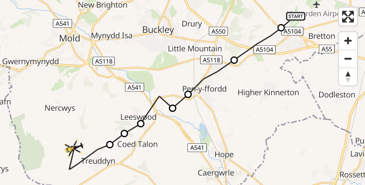 Flight route Police Helicopter Hawarden Airport - Treuddyn, 23 July 2026, 13:32