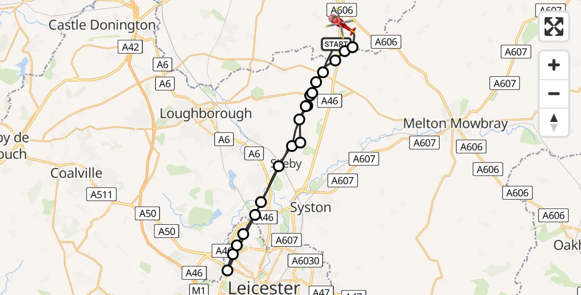 Flight route Air Ambulance Helicopter Willoughby on the Wolds - Nottingham Heliport, 23 July 2026, 13:34