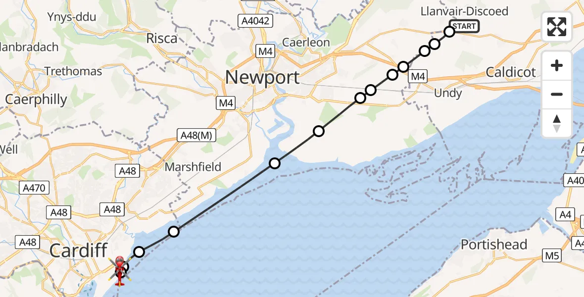 Flight route Air Ambulance Helicopter Llanvair-Discoed - Cardiff Heliport, 23 July 2026, 13:43