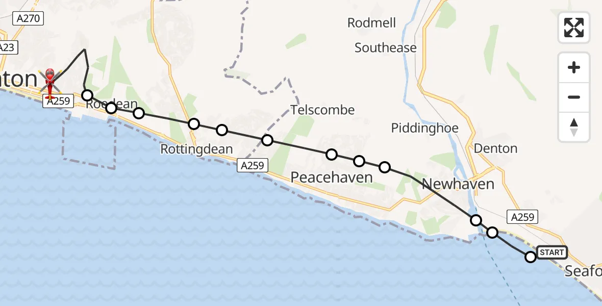 Flight route Air Ambulance Helicopter Seaford - Brighton, 23 July 2026, 13:58