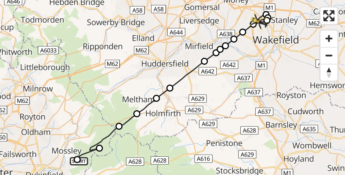Flight route Police Helicopter Carrbrook - East Ardsley, 23 July 2026, 13:58