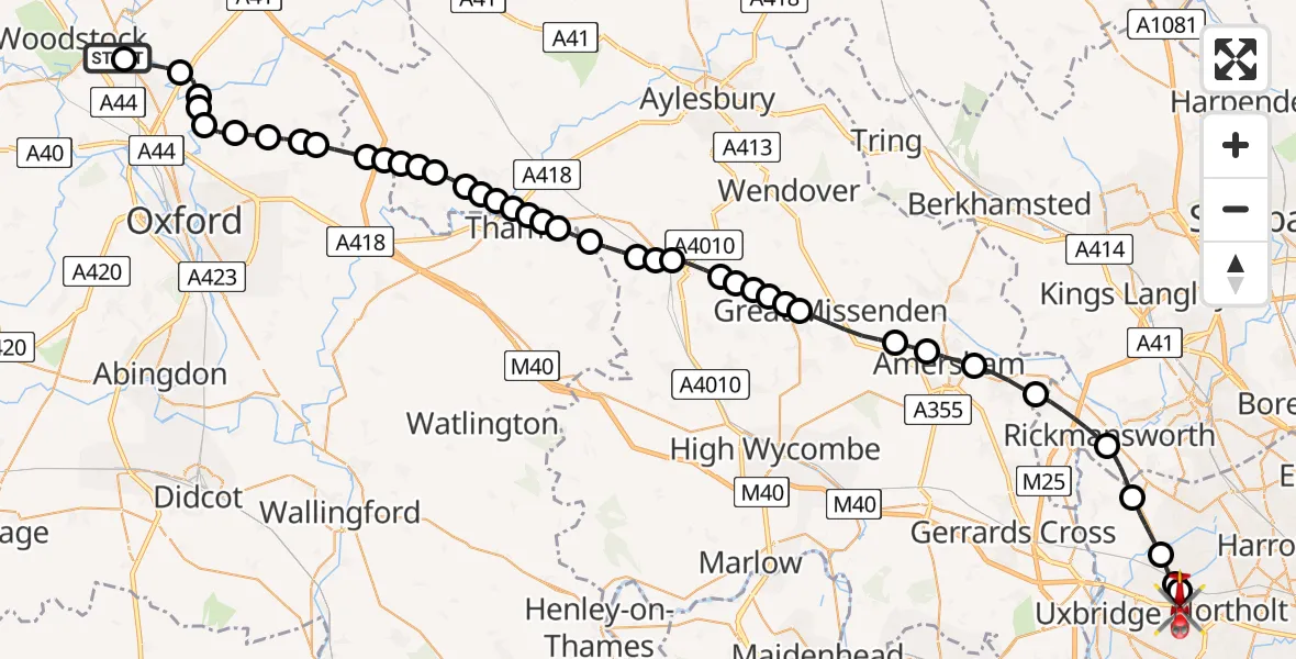 Flight route Air Ambulance Helicopter London Oxford Airport - RAF Northolt, 23 July 2026, 14:01