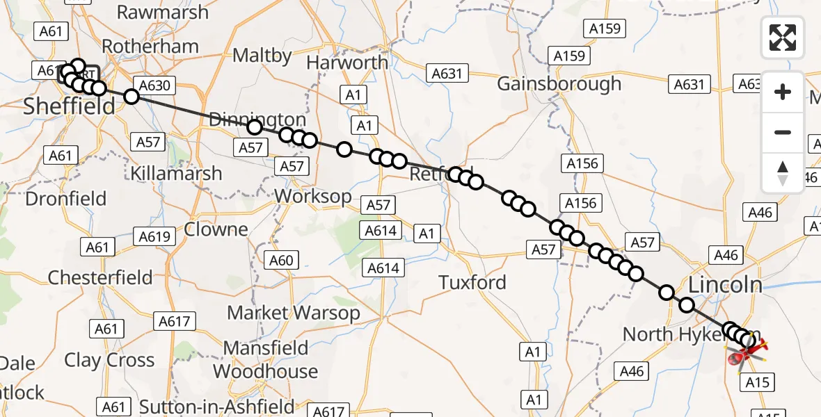 Flight route Air Ambulance Helicopter Sheffield Northern Hospital - North Kesteven, 23 July 2026, 14:05