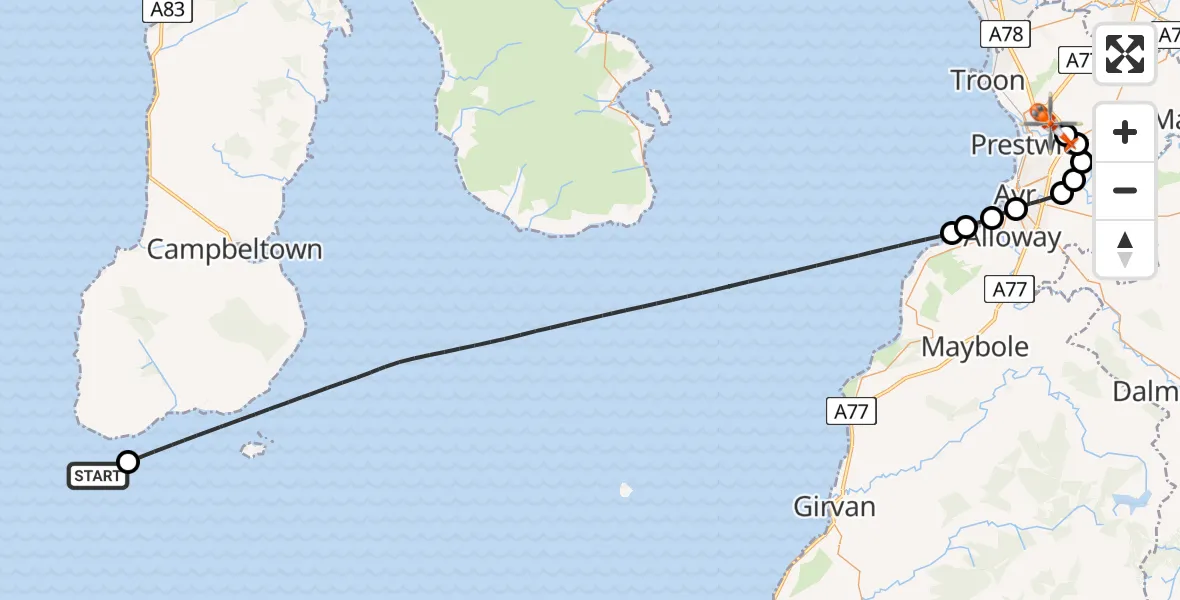 Flight route Coastguard Helicopter Irish Sea - Glasgow Prestwick Airport, 23 July 2026, 14:13