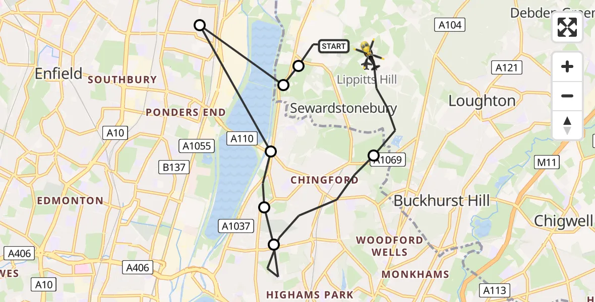 Flight route Police Helicopter Sewardstonebury - Sewardstonebury, 23 July 2026, 14:34