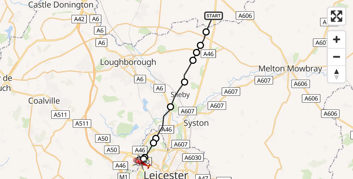 Flight route Air Ambulance Helicopter Willoughby on the Wolds - New Parks, 23 July 2026, 14:34