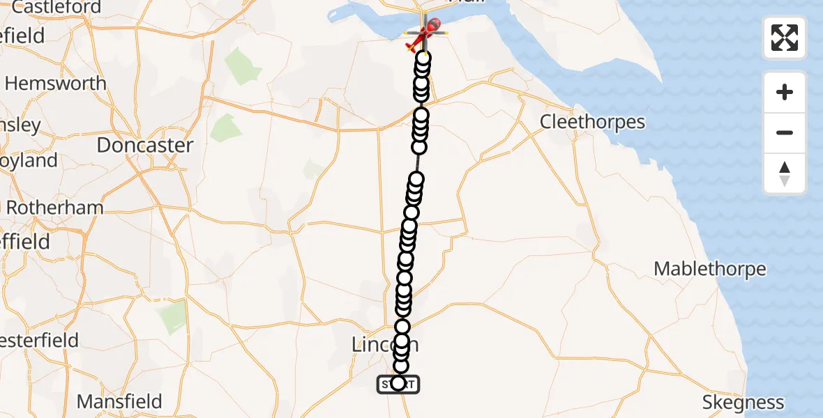 Flight route Air Ambulance Helicopter RAF Waddington - Barton-upon-Humber, 23 July 2026, 14:37
