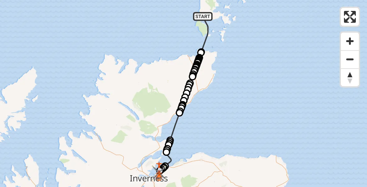 Flight route Coastguard Helicopter North Atlantic Ocean - Inverness Airport, 23 July 2026, 14:38