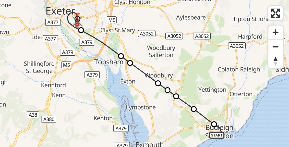 Flight route Air Ambulance Helicopter Budleigh Salterton - Royal Devon & Exeter Hospital, 23 July 2026, 14:38