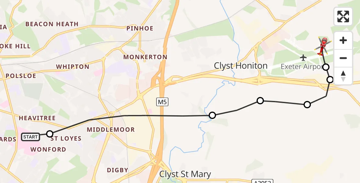 Flight route Air Ambulance Helicopter Royal Devon & Exeter Hospital - Exeter International Airport, 23 July 2026, 14:47