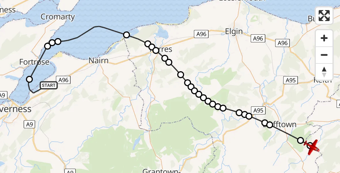 Flight route Air Ambulance Aircraft Inverness - Glass, 23 July 2026, 15:00