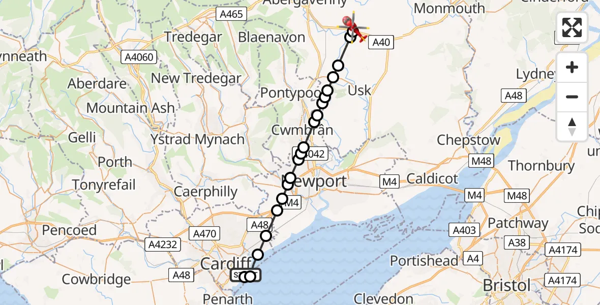 Flight route Air Ambulance Helicopter Cardiff Heliport - Llanarth, 23 July 2026, 15:02