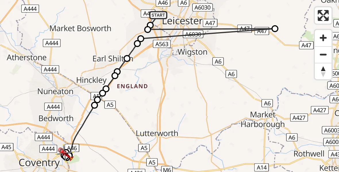 Flight route Air Ambulance Helicopter Glenfield - University Hospital Coventry, 23 July 2026, 15:08