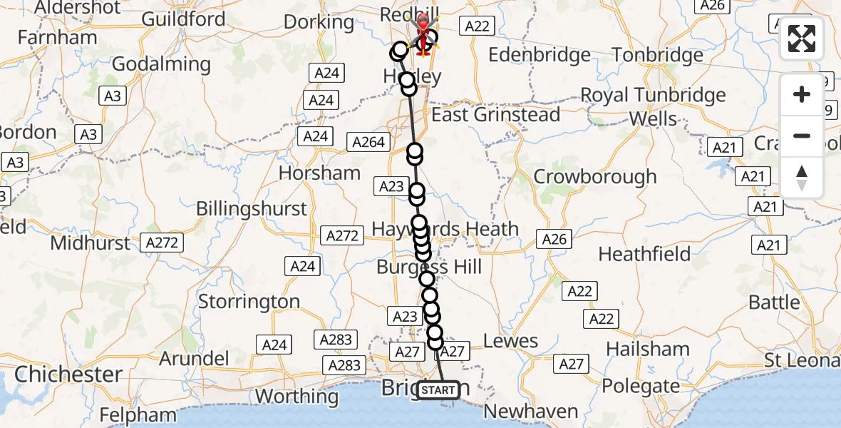 Flight route Air Ambulance Helicopter Brighton - Redhill Aerodrome, 23 July 2026, 15:09