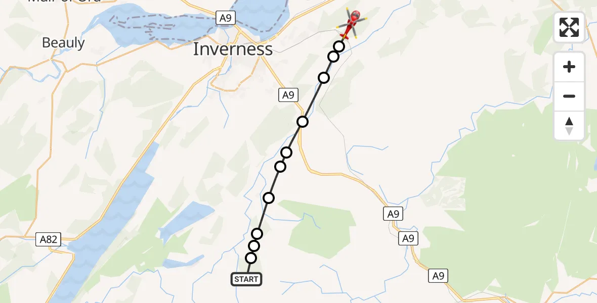 Flight route Air Ambulance Helicopter Achvraid - Newlands of Culloden, 23 July 2026, 15:18