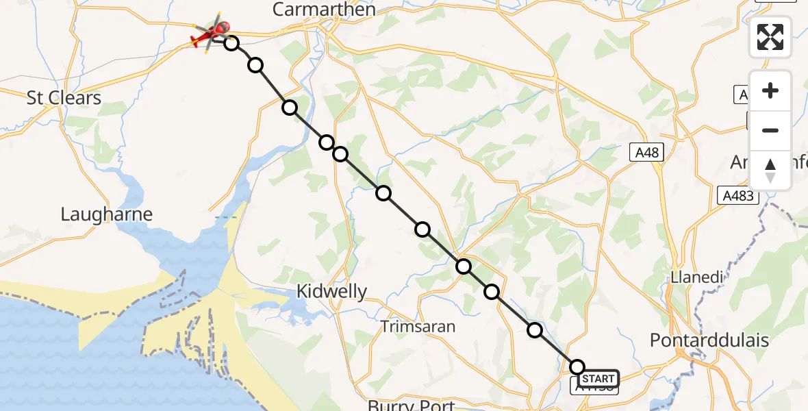 Flight route Air Ambulance Helicopter Dafen - Newchurch and Merthyr, 23 July 2026, 15:23