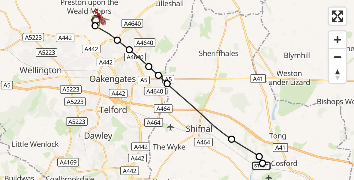 Flight route Air Ambulance Helicopter RAF Cosford - Hadley and Leegomery, 23 July 2026, 15:24