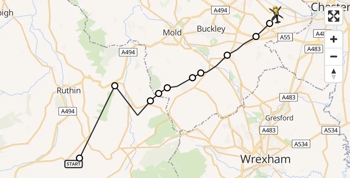 Flight route Police Helicopter Llanelidan - Hawarden Airport, 23 July 2026, 15:25
