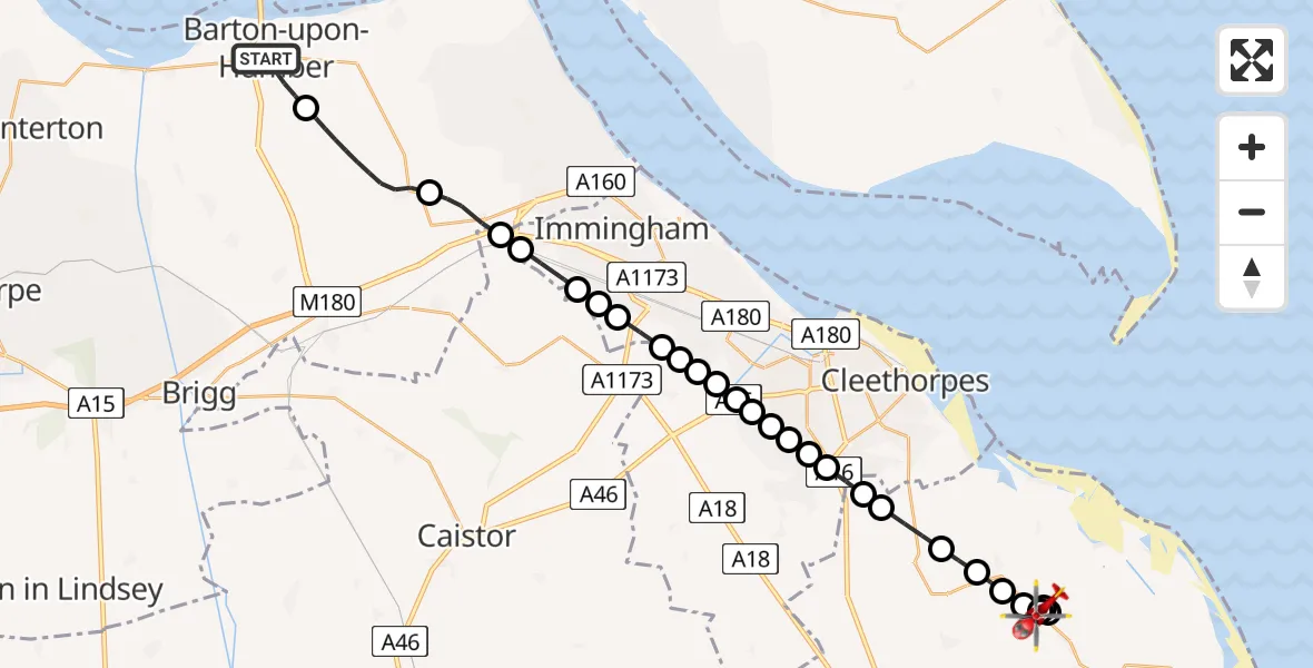 Flight route Air Ambulance Helicopter Barton-upon-Humber - Marshchapel, 23 July 2026, 15:30