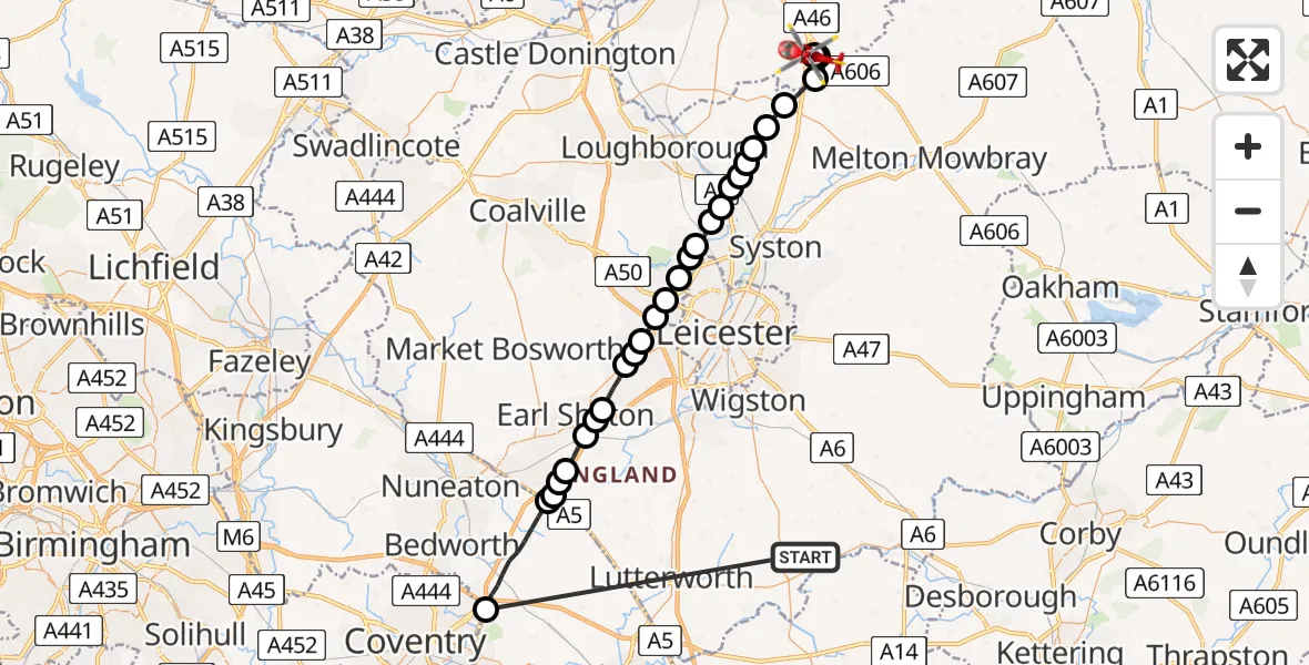 Flight route Air Ambulance Helicopter Theddingworth - Nottingham Heliport, 23 July 2026, 15:51