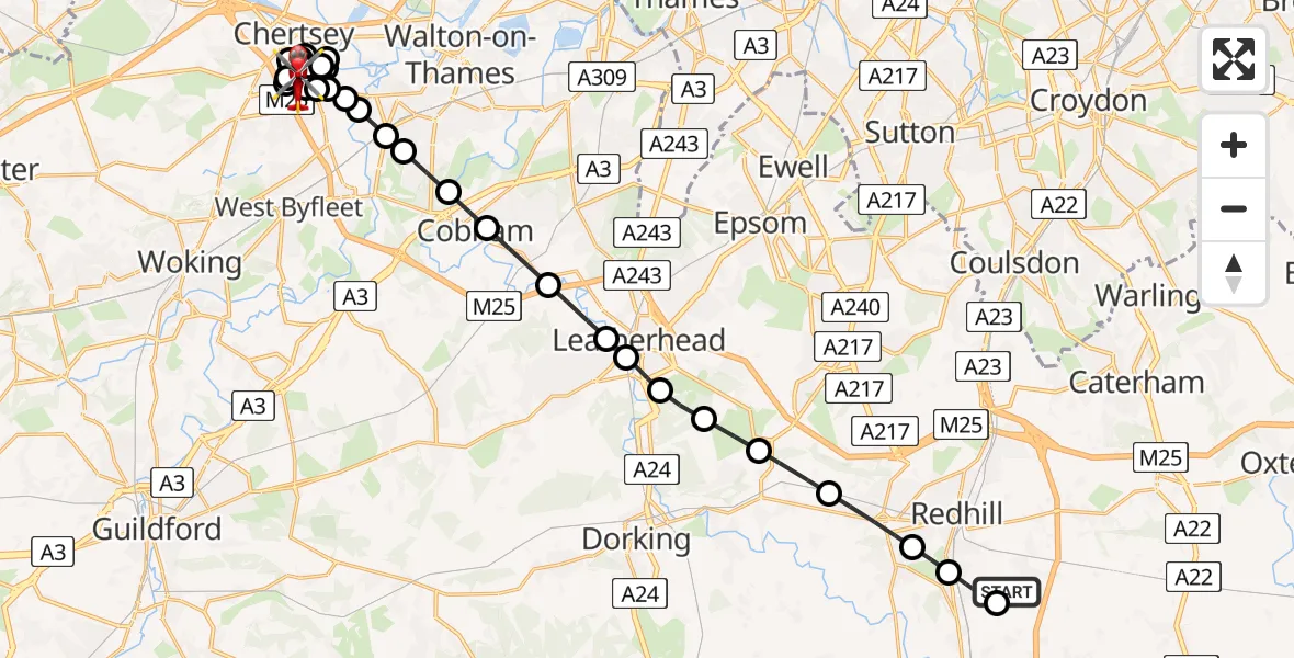 Flight route Air Ambulance Helicopter Redhill Aerodrome - Addlestone, 23 July 2026, 15:57