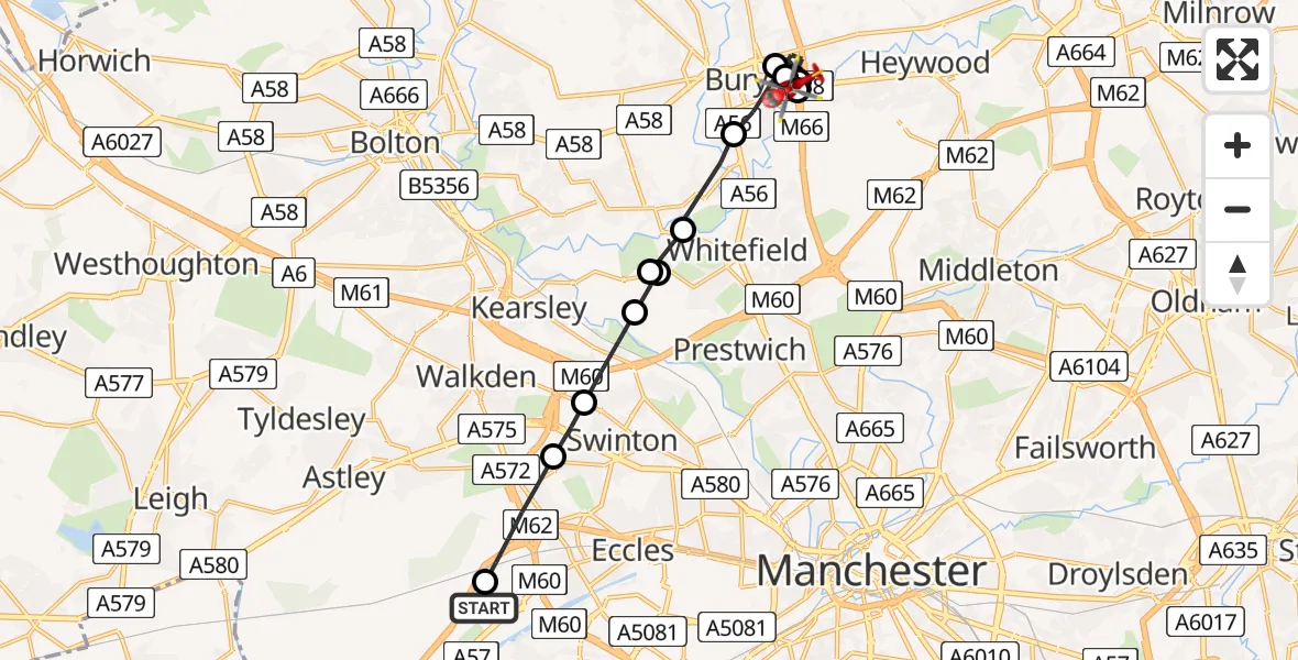 Flight route Air Ambulance Helicopter Manchester Barton Aerodrome - Radcliffe, 23 July 2026, 16:00