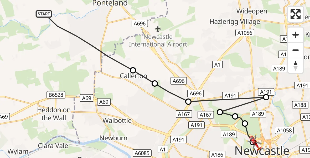 Flight route Air Ambulance Helicopter Ponteland - Newcastle Royal Victoria Infirmary, 23 July 2026, 16:01