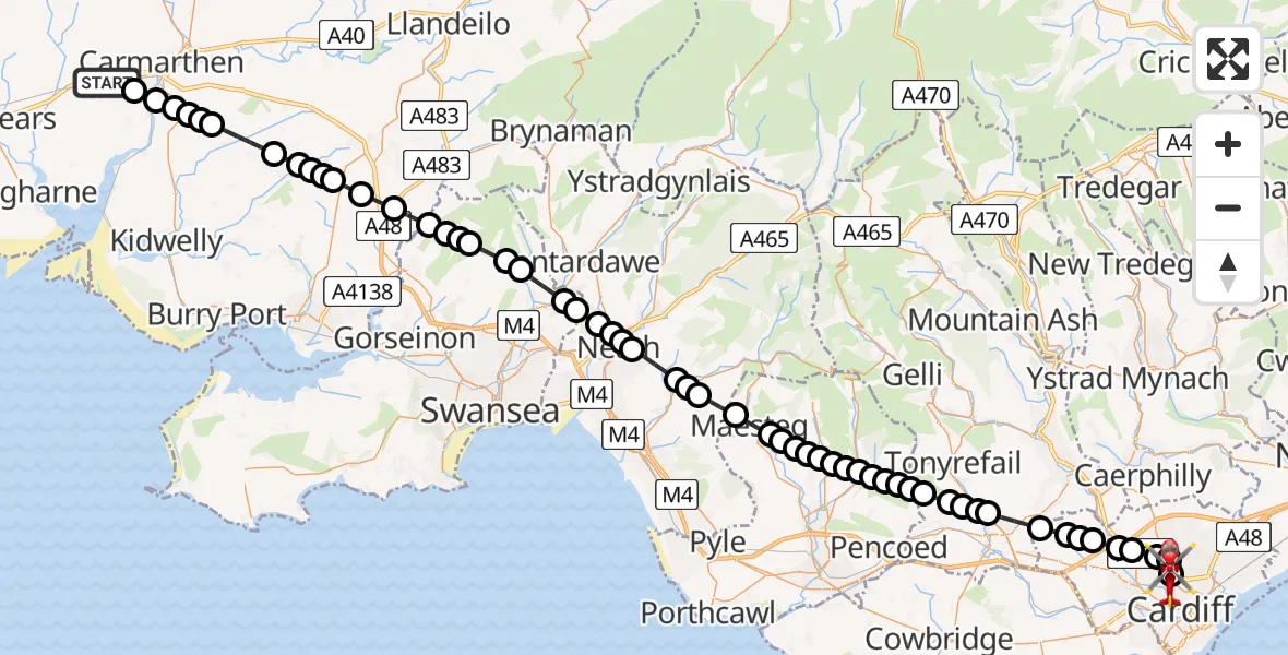 Flight route Air Ambulance Helicopter Carmarthen - Gabalfa, 23 July 2026, 16:11