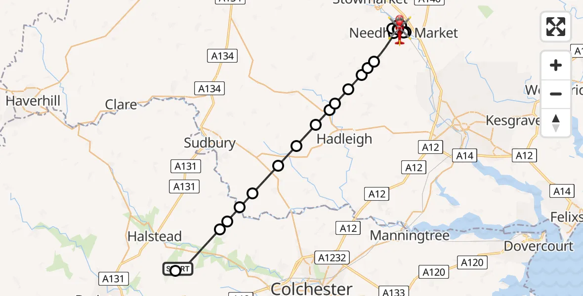 Flight route Air Ambulance Helicopter Earls Colne Airfield - Needham Market, 23 July 2026, 16:14
