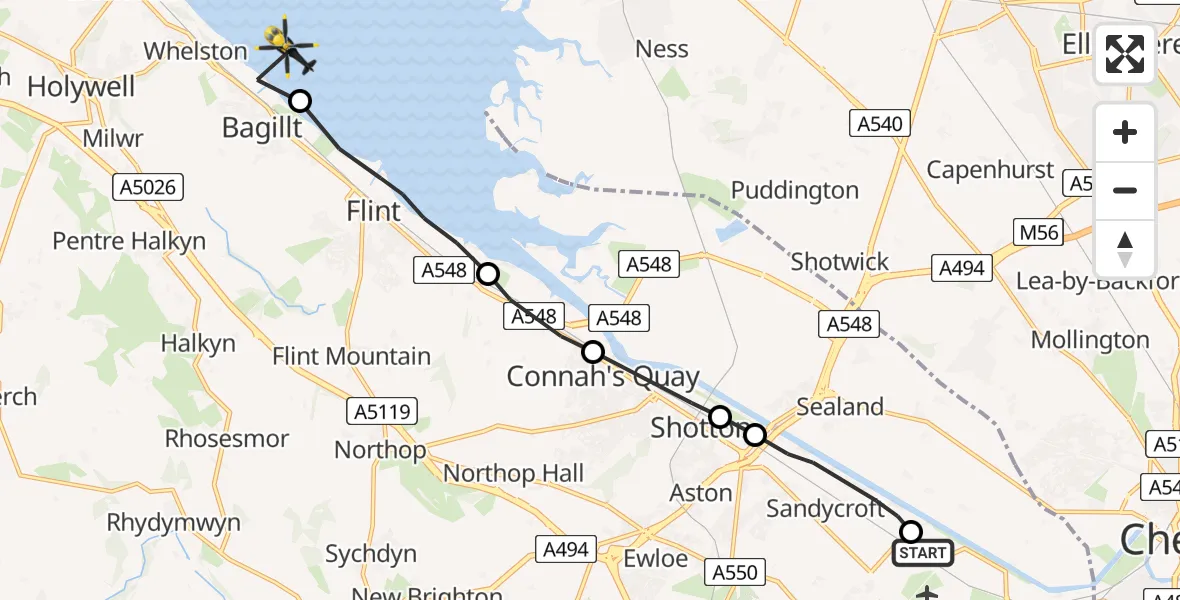 Flight route Police Helicopter Hawarden Airport - Bagillt, 23 July 2026, 16:27