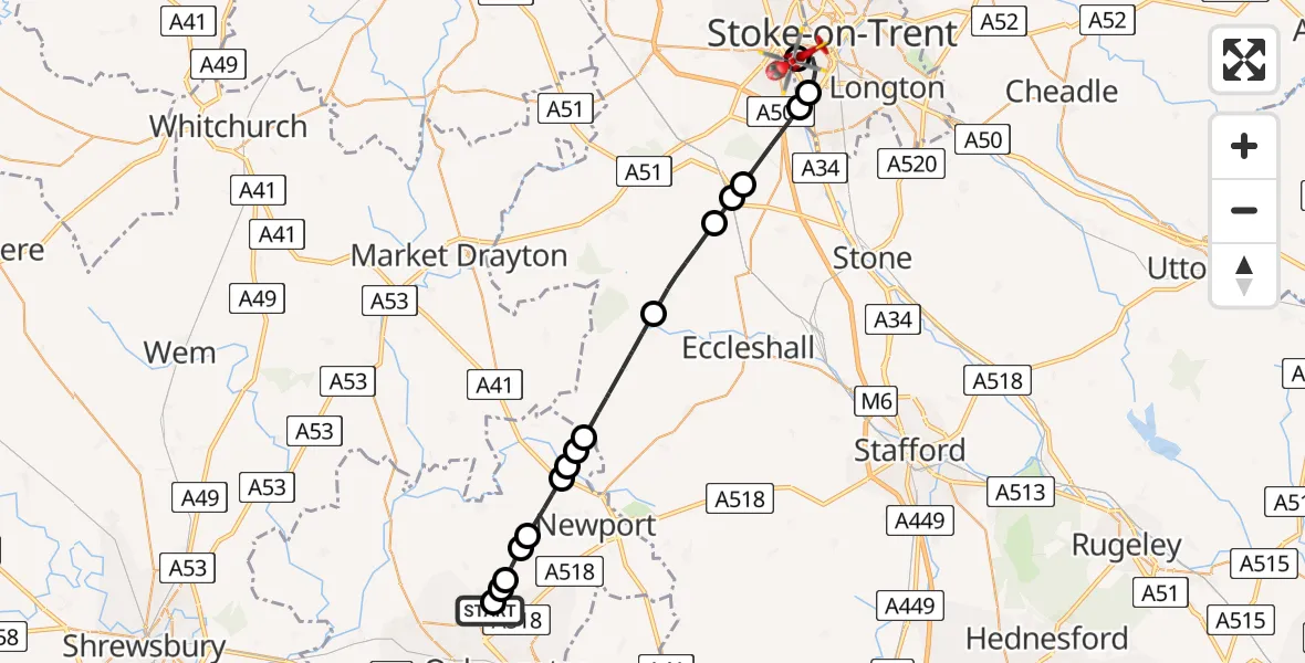 Flight route Air Ambulance Helicopter Hadley and Leegomery - University Hospital North Staffs, 23 July 2026, 16:32