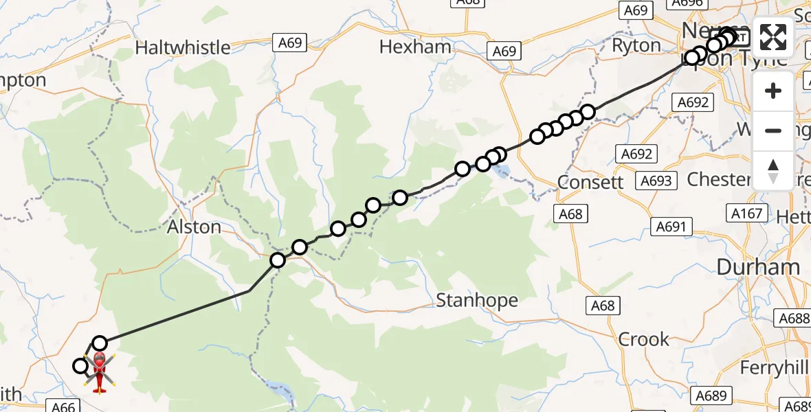 Flight route Air Ambulance Helicopter Newcastle Royal Victoria Infirmary - Blencarn, 23 July 2026, 16:36