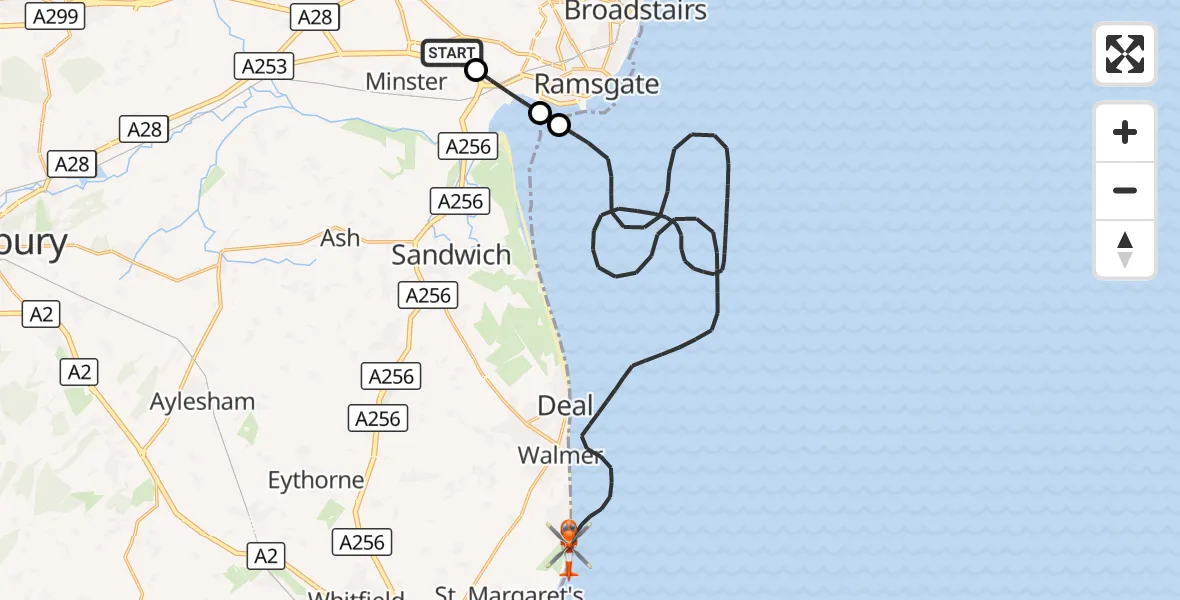 Flight route Coastguard Helicopter Manston Airport - North Sea, 23 July 2026, 16:37