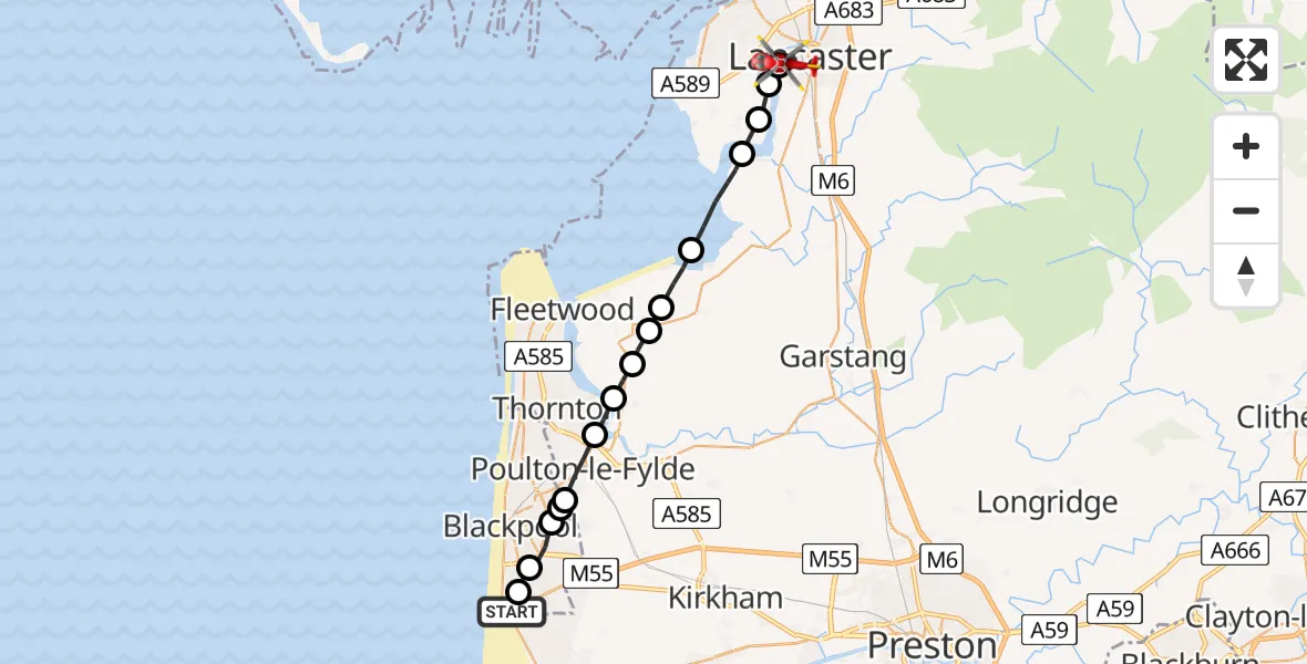 Flight route Air Ambulance Helicopter Blackpool Airport - Aldcliffe, 23 July 2026, 16:39