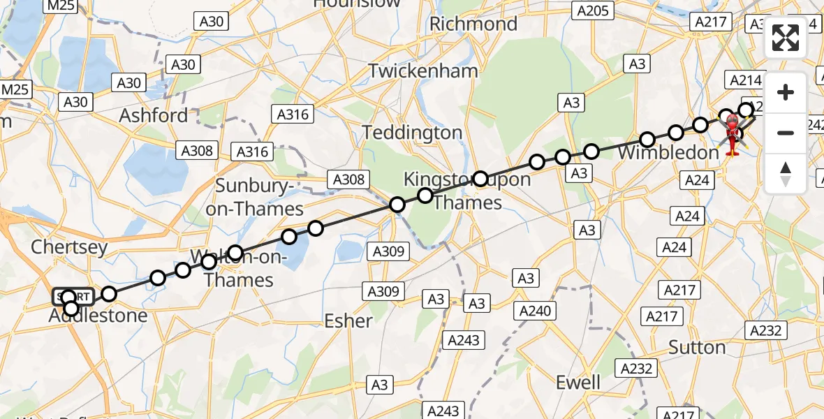 Flight route Air Ambulance Helicopter Addlestone - St Georges Hospital, 23 July 2026, 16:43