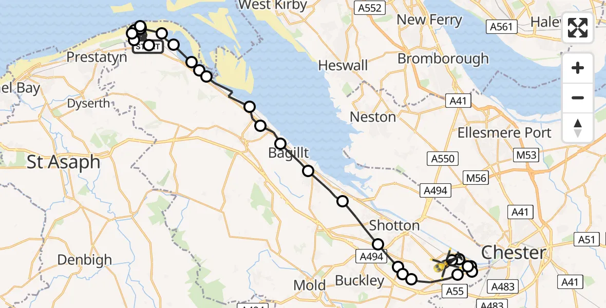 Flight route Police Helicopter Gwespyr - Hawarden Airport, 23 July 2026, 16:45