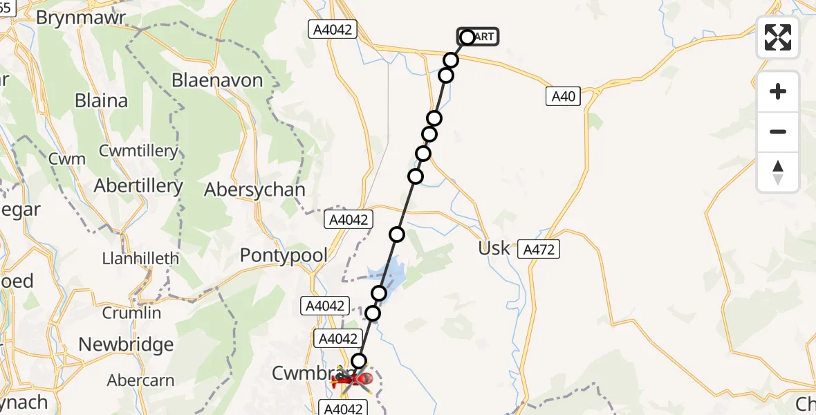 Flight route Air Ambulance Helicopter Llanarth - Cwmbrân, 23 July 2026, 16:53