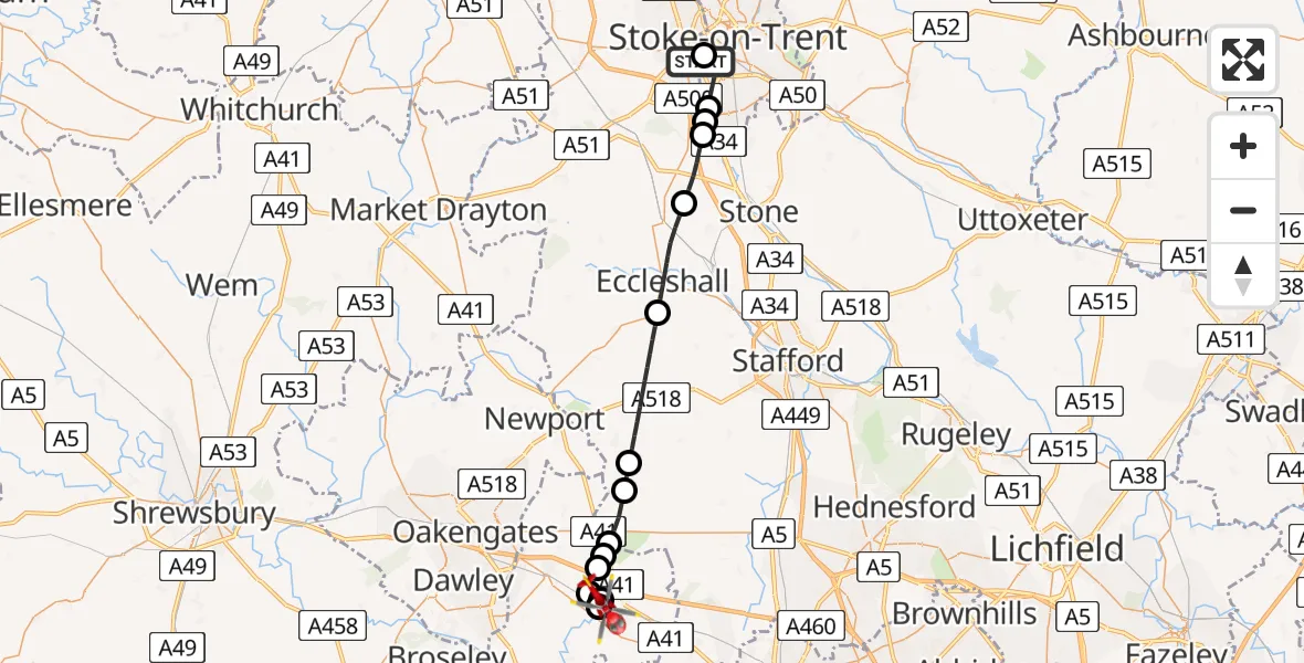 Flight route Air Ambulance Helicopter University Hospital North Staffs - Cosford, 23 July 2026, 17:12