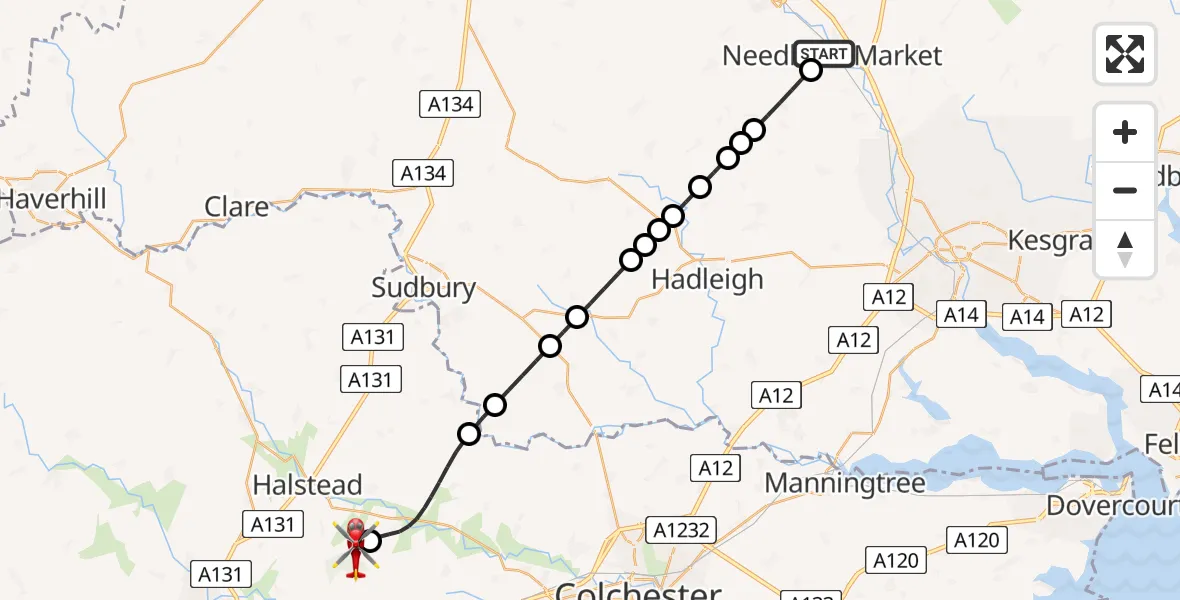 Flight route Air Ambulance Helicopter Needham Market - Earls Colne Airfield, 23 July 2026, 17:14