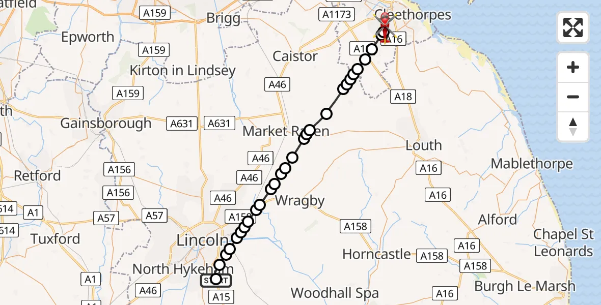 Flight route Air Ambulance Helicopter RAF Waddington - Grimsby, 23 July 2026, 17:15