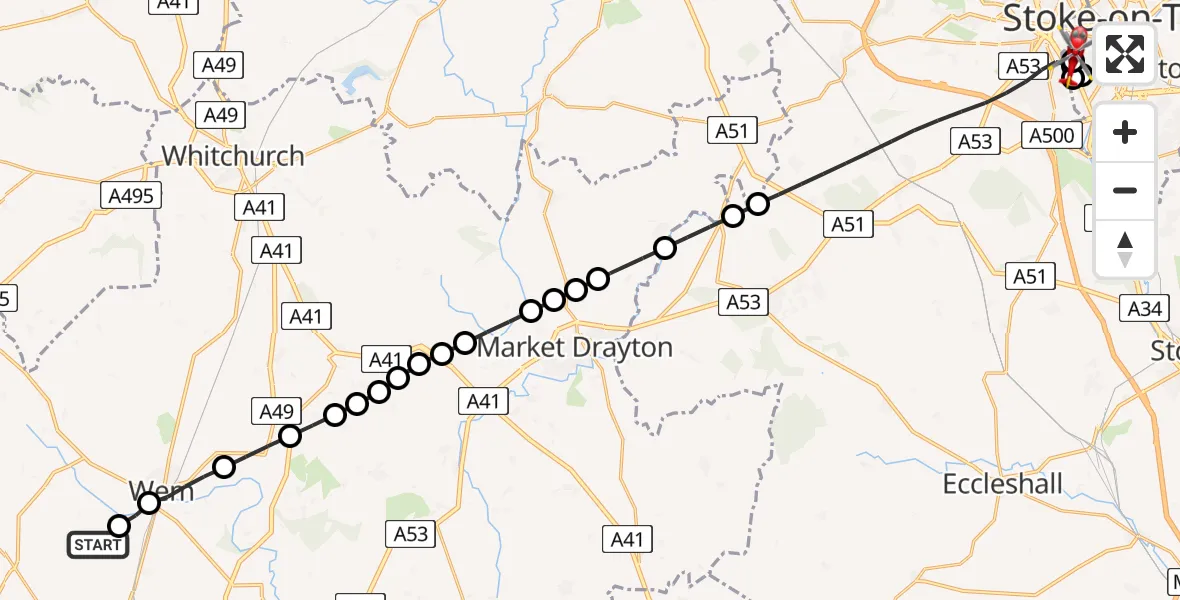 Flight route Air Ambulance Helicopter Sleap Airfield - University Hospital North Staffs, 23 July 2026, 17:16