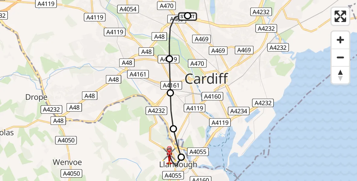 Flight route Air Ambulance Helicopter Birchgrove - Llandough, 23 July 2026, 17:24