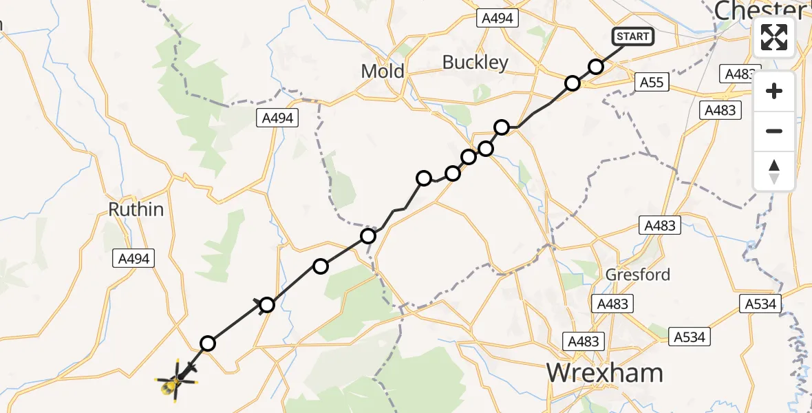 Flight route Police Helicopter Hawarden Airport - Llanfair Dyffryn Clwyd, 23 July 2026, 17:26