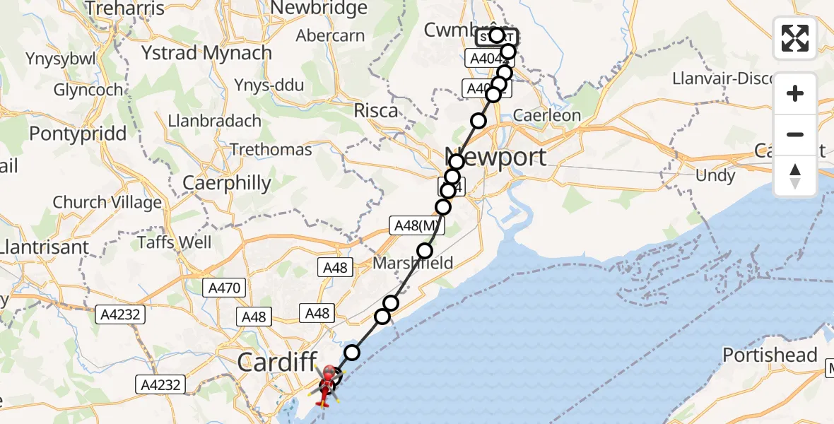 Flight route Air Ambulance Helicopter Grange University Hospital Heliport - Cardiff Heliport, 23 July 2026, 17:37