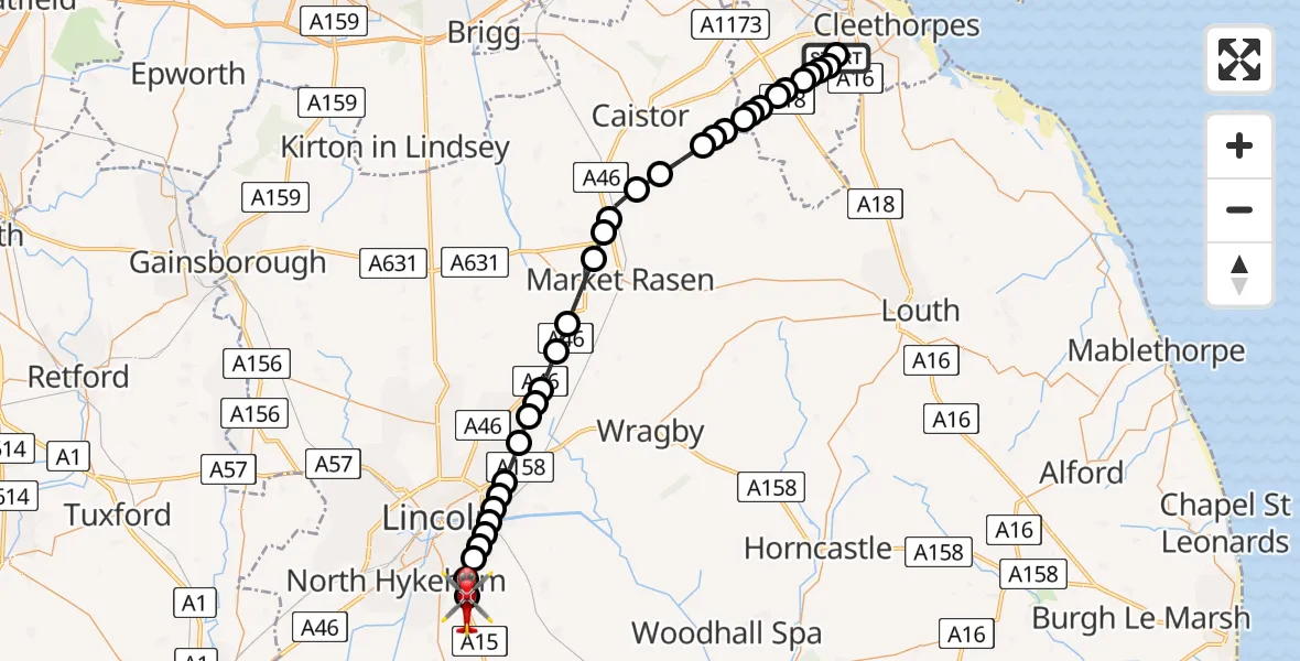 Flight route Air Ambulance Helicopter Scartho - North Kesteven, 23 July 2026, 17:45